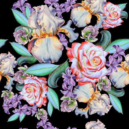 Seamless pattern with flowers. Rose. Iris. Hyacinth.  Watercolor illustration. Hand drawn.の写真素材