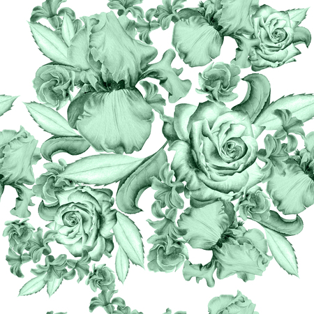 Seamless pattern with flowers. Rose. Iris. Hyacinth.  Watercolor illustration. Hand drawn.の写真素材