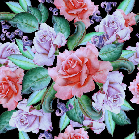 Seamless pattern with flowers. Rose. Watercolor illustration. Hand drawn.の写真素材