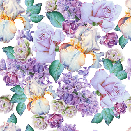 Seamless pattern with flowers. Rose. Iris. Hyacinth.  Watercolor illustration. Hand drawn.の写真素材