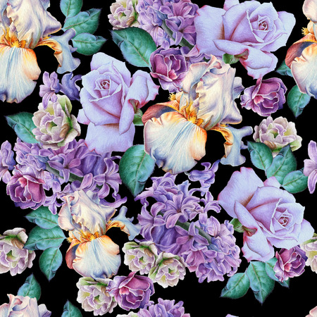 Seamless pattern with flowers. Rose. Iris. Hyacinth.  Watercolor illustration. Hand drawn.の写真素材