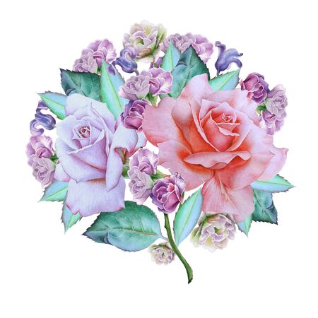 Watercolor bouquet with flowers. Rose. Hyacinth. Illustration. Hand drawn.の写真素材