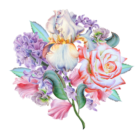 Watercolor bouquet with flowers. Rose. Iris. Hyacinth. Illustration. Hand drawn.の写真素材