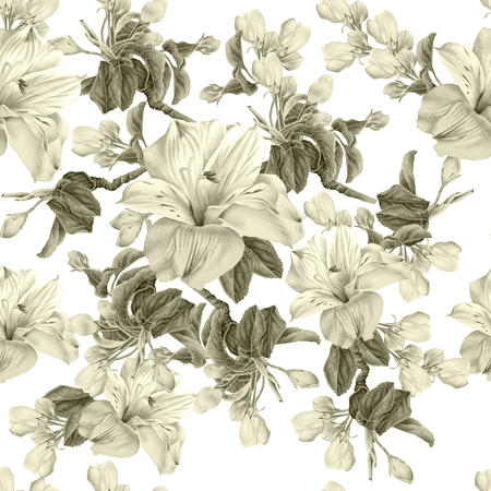 Seamless pattern with flowers. Blossom. Alstroemeria.  Watercolor illustration. Hand drawn.の写真素材