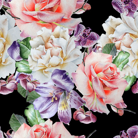Bright seamless pattern with flowers. Rose. Alstroemeria.  Orchid. Watercolor illustration. Hand  drawn.の写真素材
