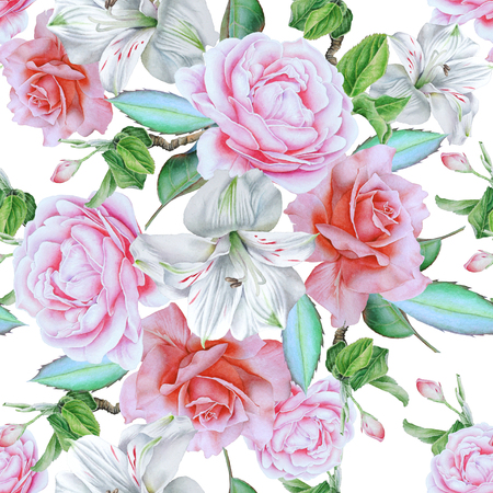 Seamless pattern with flowers. Rose. Alstroemeria.  Watercolor illustration. Hand drawn.の写真素材