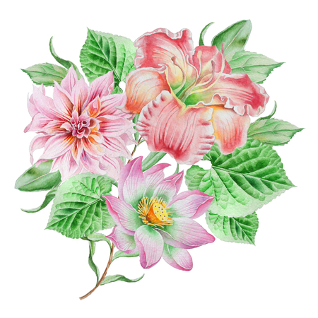 Watercolor bouquet with flowers. Lily.  Lotos. Illustration. Hand drawn.の写真素材