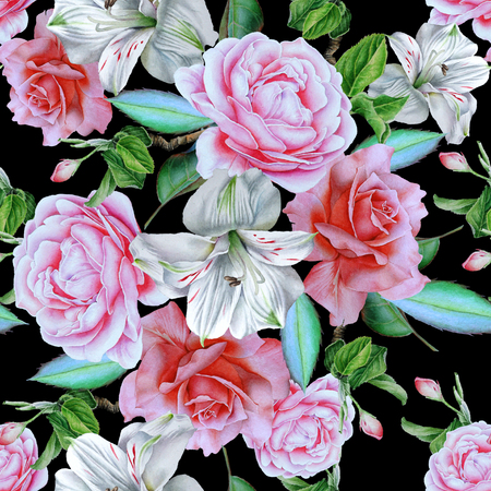 Seamless pattern with flowers. Rose. Alstroemeria.  Watercolor illustration. Hand drawn.の写真素材