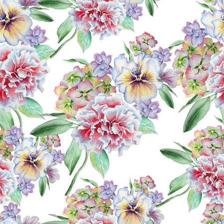 Seamless pattern with flowers. Pansies.  Carnation.  Hydrangea. Watercolor illustration. Hand drawn.の写真素材