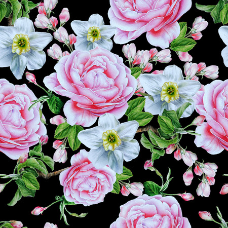 Seamless pattern with flowers. Rose. Narcissus. Watercolor illustration. Hand drawn.の写真素材
