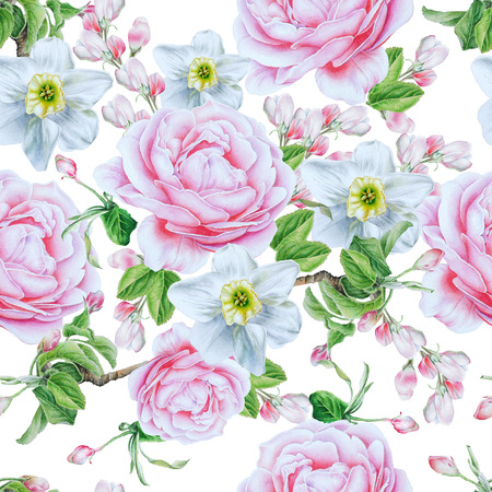 Seamless pattern with flowers. Rose. Narcissus. Watercolor illustration. Hand drawn.の写真素材