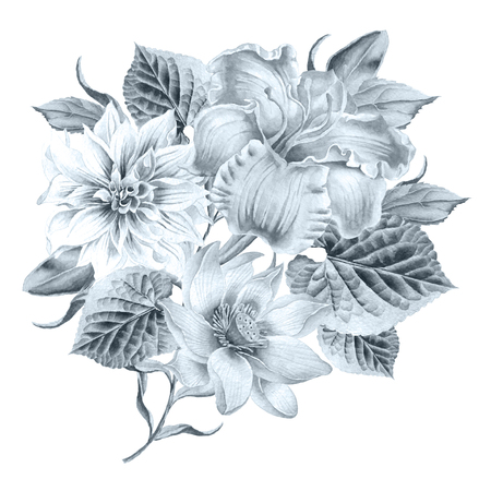 Watercolor bouquet with flowers. Lily.  Lotos. Illustration. Hand drawn.の写真素材