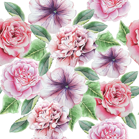 Seamless pattern with flowers. Peony. Rose. Petunia. Watercolor illustration. Hand drawnの写真素材