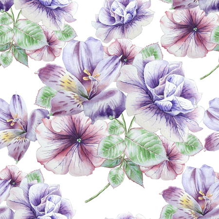 Seamless pattern with flowers. Petunia. Alstroemeria. Watercolor illustration. Hand drawnの写真素材
