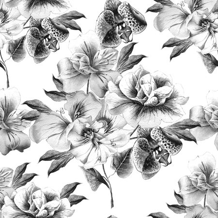 Monochrome seamless pattern with flowers. Petunia. Alstroemeria. Orchid. Watercolor illustration. Hand drawnの写真素材