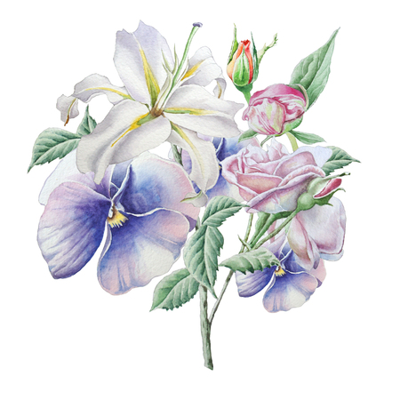 Floral card with flowers. Lilia. Pansies. Rose. Watercolor illustration. Hand drawnの写真素材