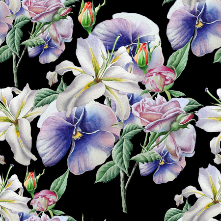 Seamless pattern with flowers. Lilia. Pansies. Rose. Watercolor illustration. Hand drawnの写真素材
