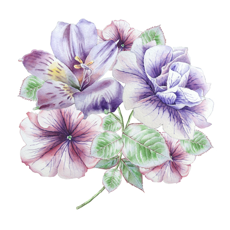 Floral card with flowers. Petunia. Alstroemeria. Watercolor illustration. Hand drawnの写真素材