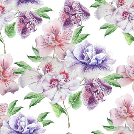 Seamless pattern with flowers. Petunia. Alstroemeria. Orchid. Watercolor illustration. Hand drawnの写真素材