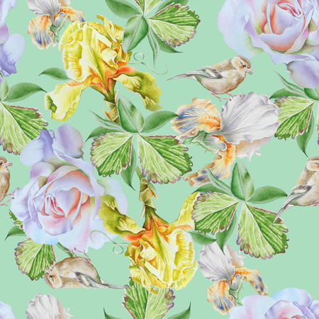 Bright seamless pattern with flowers. Iris. Rose. Bird. Watercolor illustration. Hand drawn.の写真素材