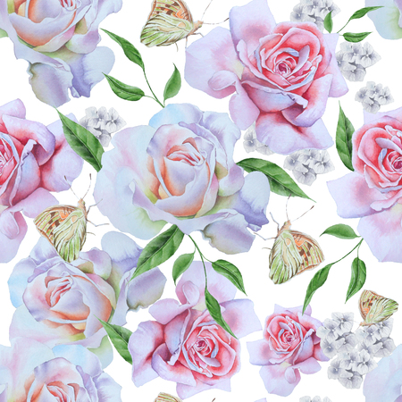 Bright seamless pattern with roses and butterflies. Watercolor illustration. Hand drawnの写真素材