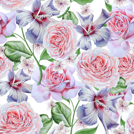Bright seamless pattern with flowers. Rose.  Hibiscus. Watercolor illustration. Hand drawn.の写真素材