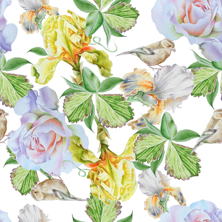 Bright seamless pattern with flowers. Iris. Rose. Bird. Watercolor illustration. Hand drawn.の写真素材