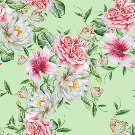 Bright seamless pattern with flowers. Rose.  Hibiscus. Lily. Butterfly.  Watercolor illustration. Hand drawn.の写真素材