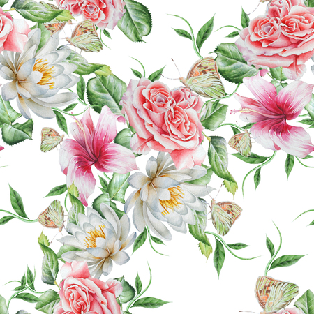 Bright seamless pattern with flowers. Rose.  Hibiscus. Lily. Butterfly.  Watercolor illustration. Hand drawn.の写真素材