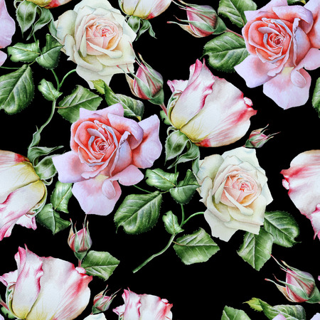 Bright seamless pattern with roses. Watercolor illustration. Hand drawnの写真素材