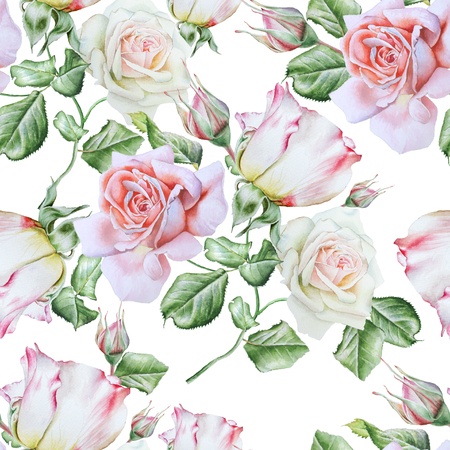 Bright seamless pattern with roses. Watercolor illustration. Hand drawnの写真素材