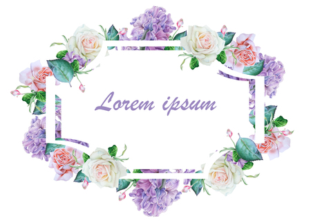 Watercolor card with bright flowers. Rose. Lilac. Hand drawn.の写真素材