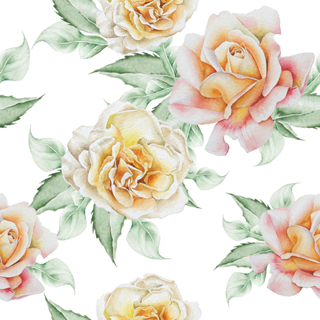 Seamless pattern with flowers. Rose. Watercolor illustration. Hand drawn.の写真素材