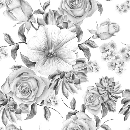 Bright seamless pattern with flowers. Rose. Succulents. Mallow. Watercolor illustration. Hand drawn.の写真素材