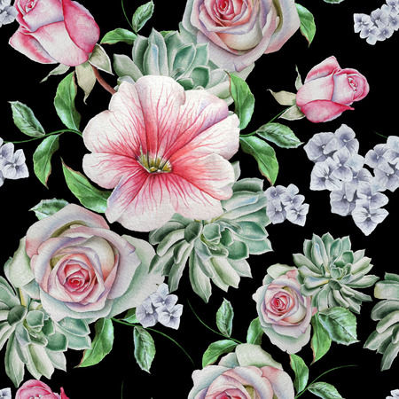 Bright seamless pattern with flowers. Rose. Succulents. Mallow. Watercolor illustration. Hand drawn.の写真素材