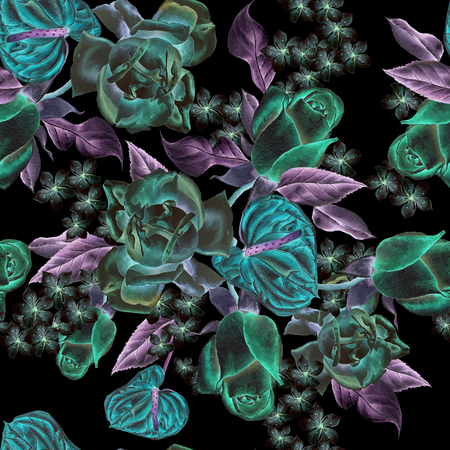 Bright seamless pattern with roses. Watercolor illustration. Hand drawn.の写真素材