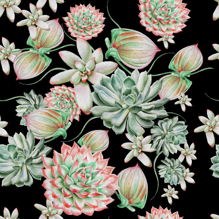 Bright seamless pattern with succulents. Watercolor illustration. Hand drawn.の写真素材