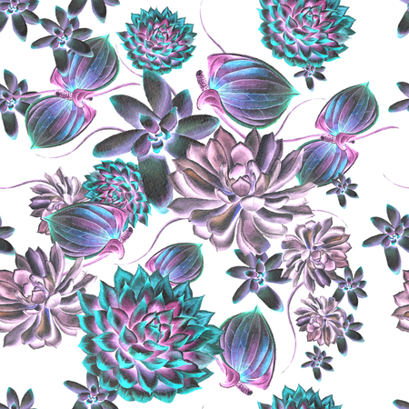 Bright seamless pattern with succulents. Watercolor illustration. Hand drawn.の写真素材
