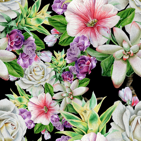 Bright seamless pattern with flowers. Rose. Rowan. Succulents. Watercolor illustration. Hand drawn.の写真素材