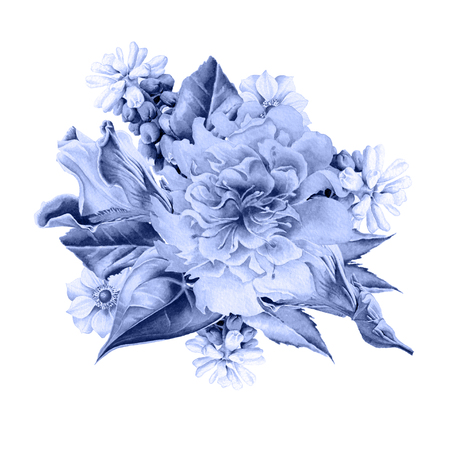 Watercolor bouquet with flowers.  Hyacinth. Iris. Anemone. Illustration.  Hand drawn.の写真素材
