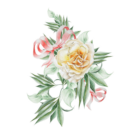 Watercolor bouquet with rose and leaves. Illustration.  Hand drawn.の写真素材