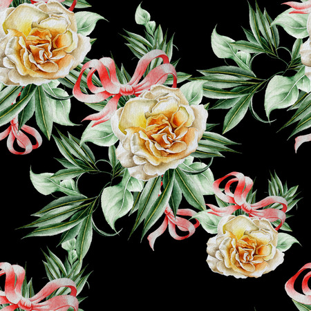 Bright seamless pattern with roses and leaves. Watercolor illustration. Hand drawn.の写真素材