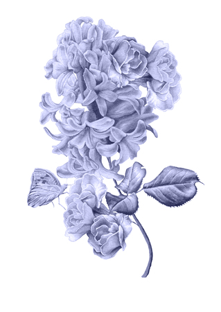 Watercolor bouquet with flowers. Lilac. Butterfly. Illustration. Hand drawn.の写真素材