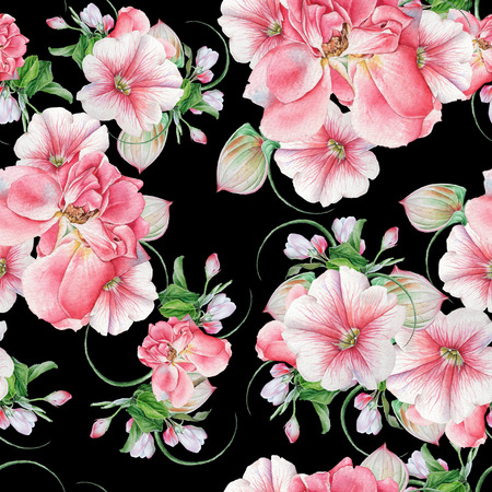 Bright seamless pattern with flowers. Rose. Petunia. Blossom. Watercolor illustration. Hand drawn.の写真素材