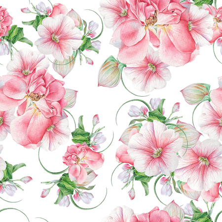 Bright seamless pattern with flowers. Rose. Petunia. Blossom. Watercolor illustration. Hand drawn.の写真素材