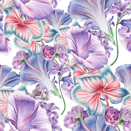 Bright seamless pattern with flowers. Orchid. Petunia.  Watercolor illustration. Hand drawn.の写真素材
