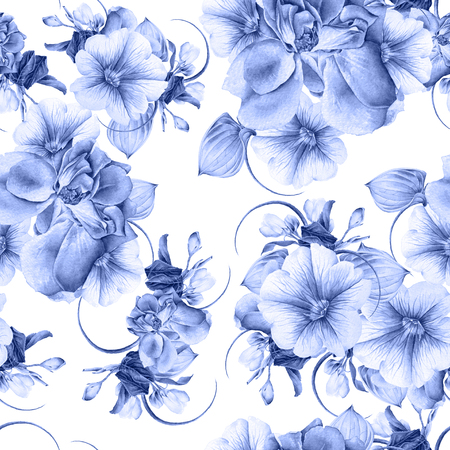 Bright seamless pattern with flowers. Rose. Petunia. Blossom. Watercolor illustration. Hand drawn.の写真素材