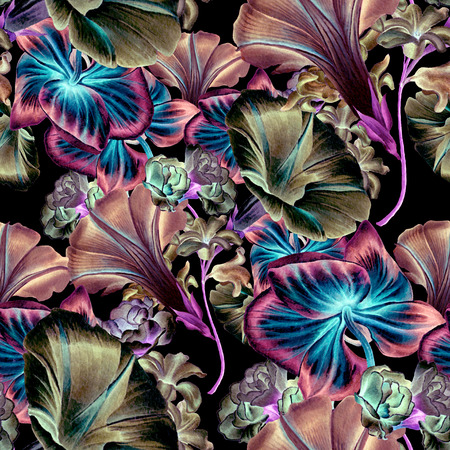 Bright seamless pattern with flowers. Orchid. Petunia.  Watercolor illustration. Hand drawn.の写真素材