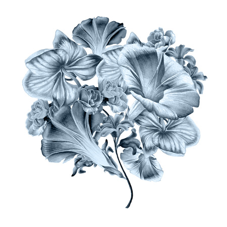 Watercolor bouquet with flowers. Orchid. Petunia. Illustration. Hand drawn.の写真素材