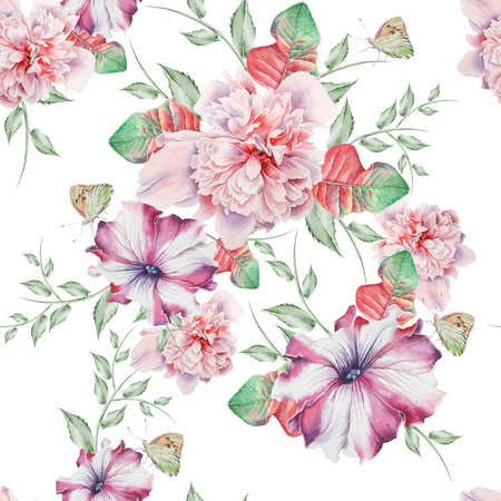 Bright seamless pattern with flowers. Peony. Petunia.  Watercolor illustration. Hand drawn.の写真素材